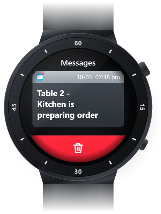 Smartwatch showing a WholeHouse360 notification: Table 2 - Kitchen is preparing order