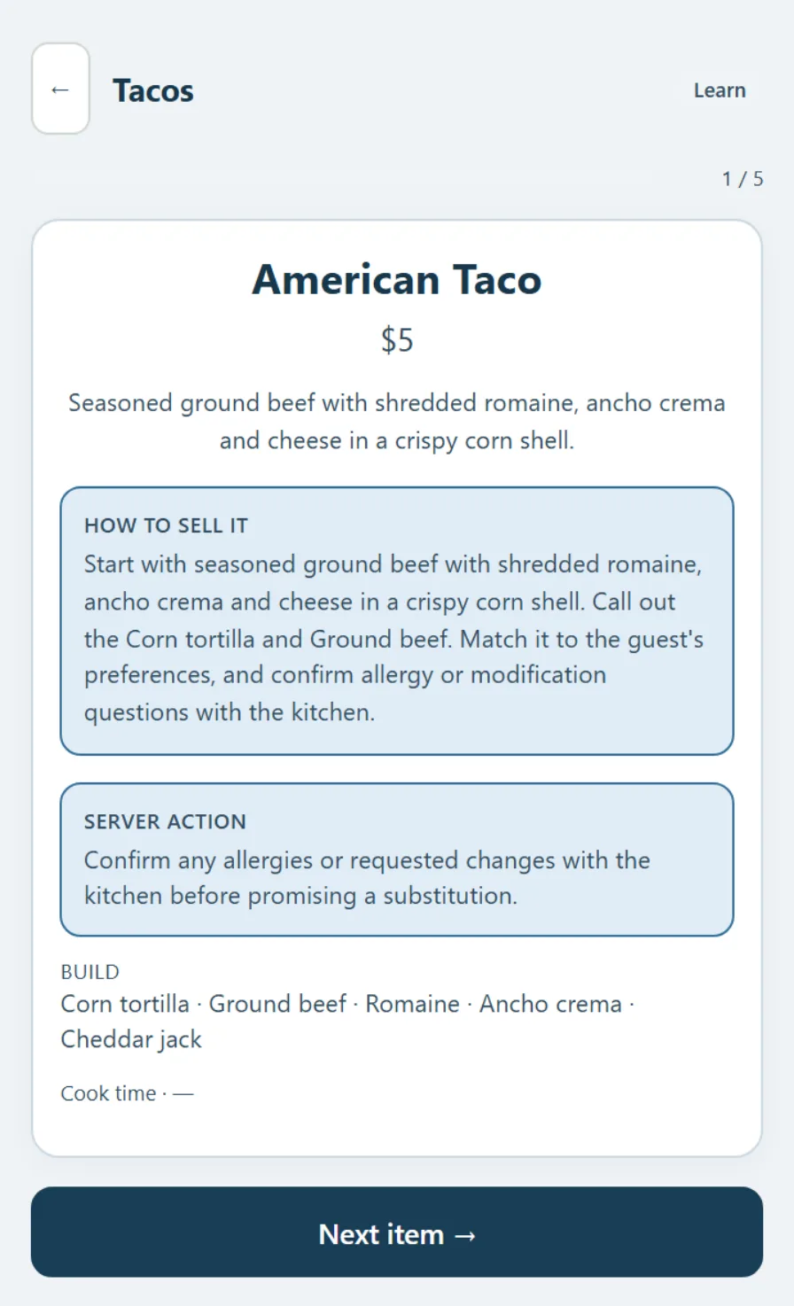 Menu training lesson for a taco: price, description, how to sell it, the server action on allergies, and the build.