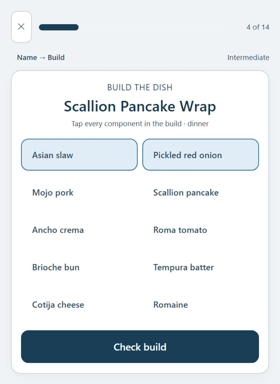 Build the Dish exercise for Elote with component choices, two selected, and a Check build button.