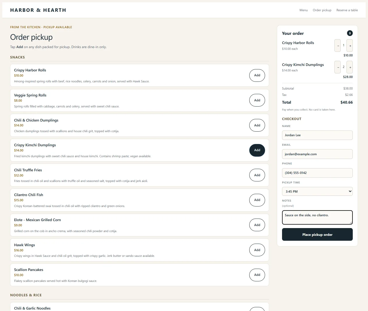 Restaurant website menu with Add buttons beside a pickup cart showing two dishes, quantities, subtotal, tax and total, with the guest’s details and chosen pickup time. Example order only.