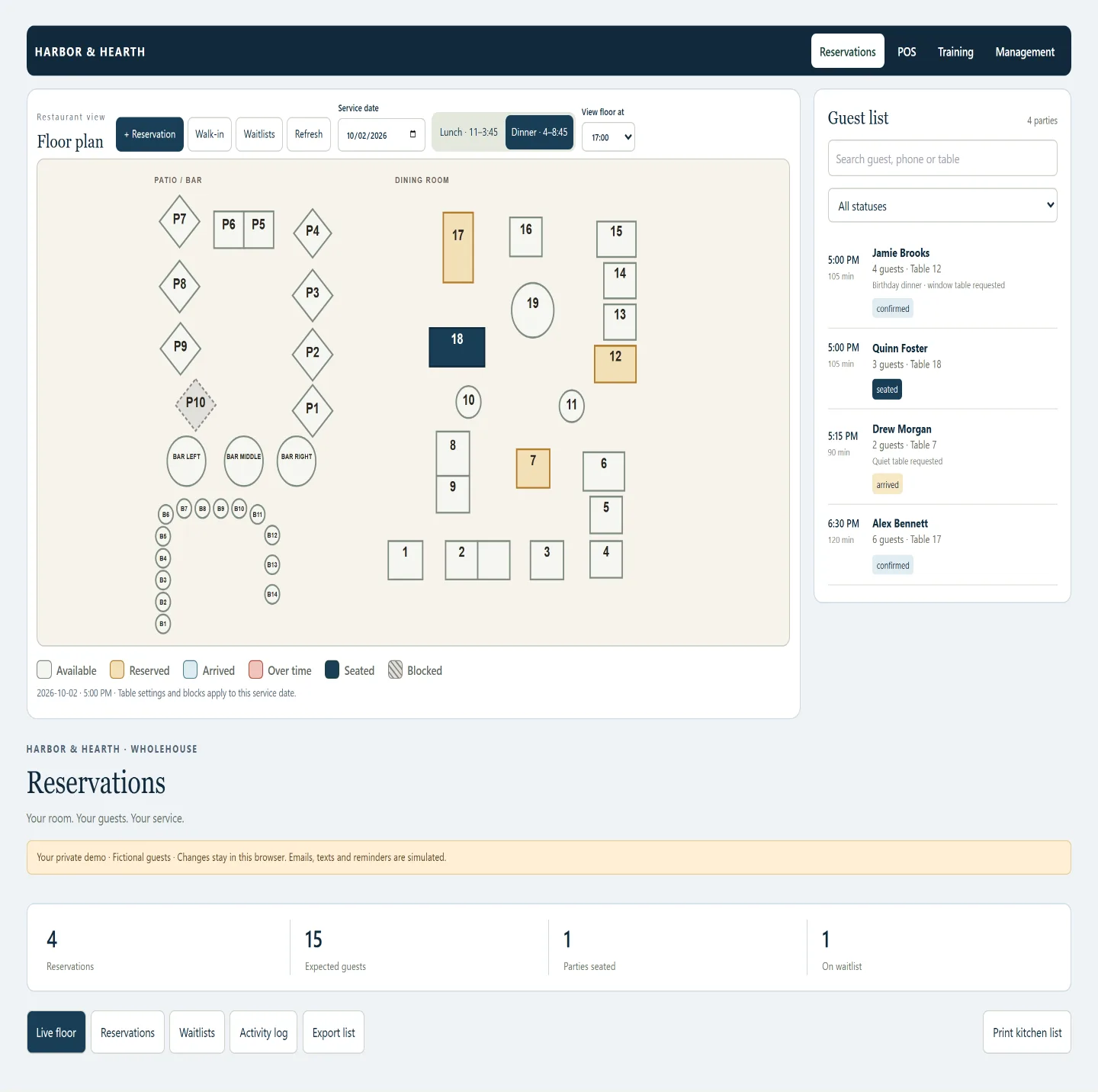 Reservation dashboard with a floor plan and table-status legend beside a guest list of fictional confirmed, seated and arrived parties with times, party sizes and assigned tables.