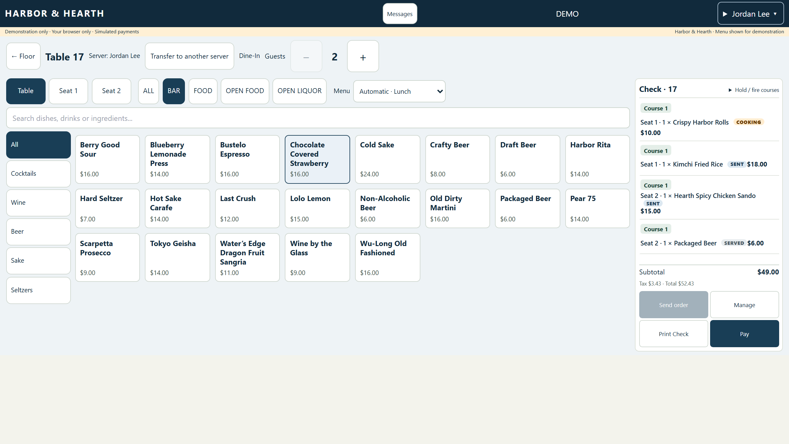 Demo server view with the seat picker, fictional menu items and the server’s own check showing each item as cooking, sent or served.