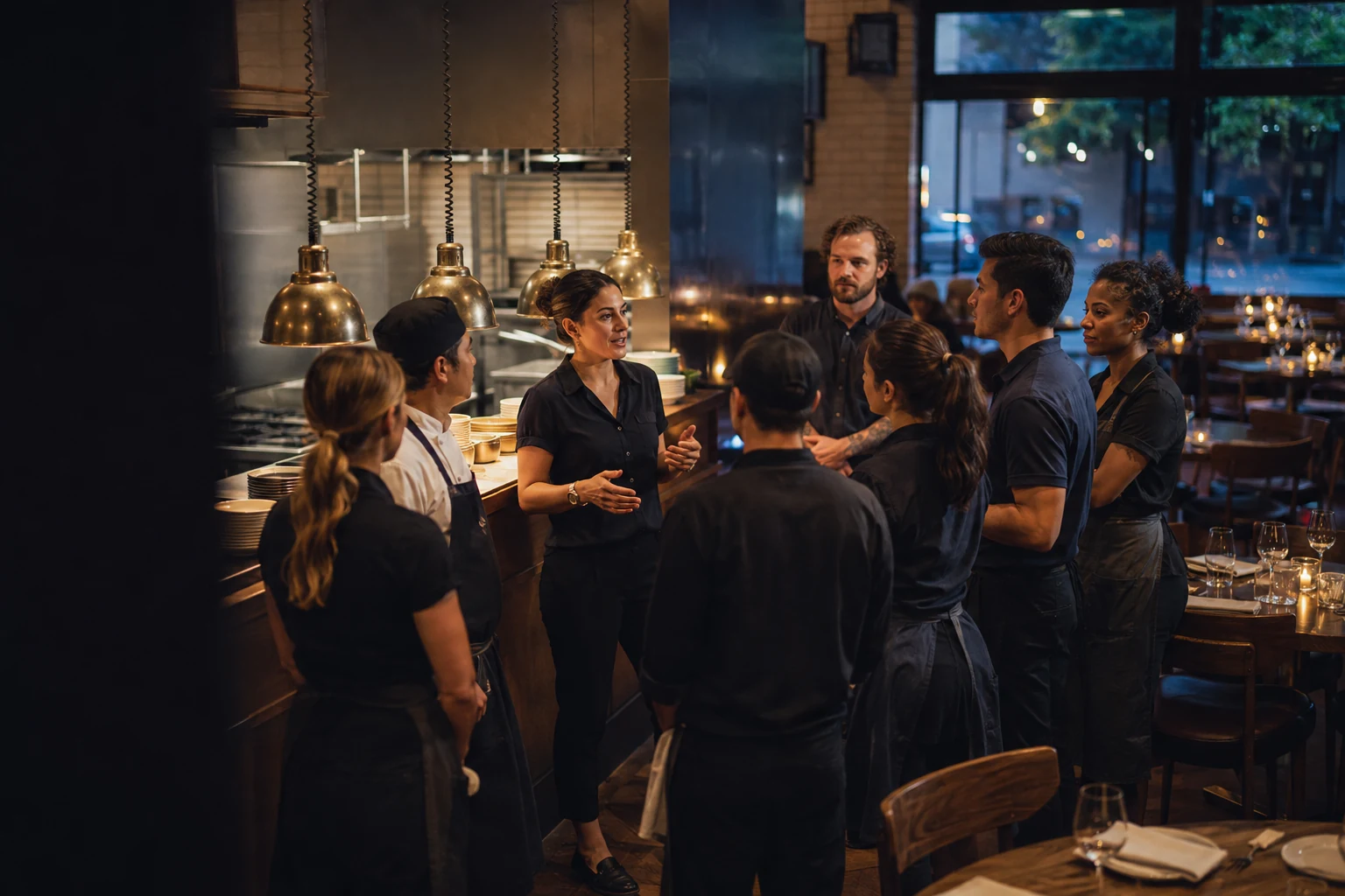 Restaurant team gathered around the kitchen pass before service